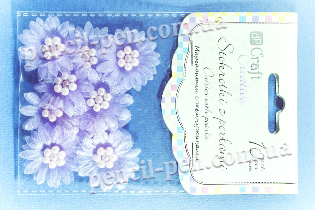 фото Квіти Маргаритки з перлами (органза) 10шт Бузковий 947AS1004 Dalprint d:3,5см.